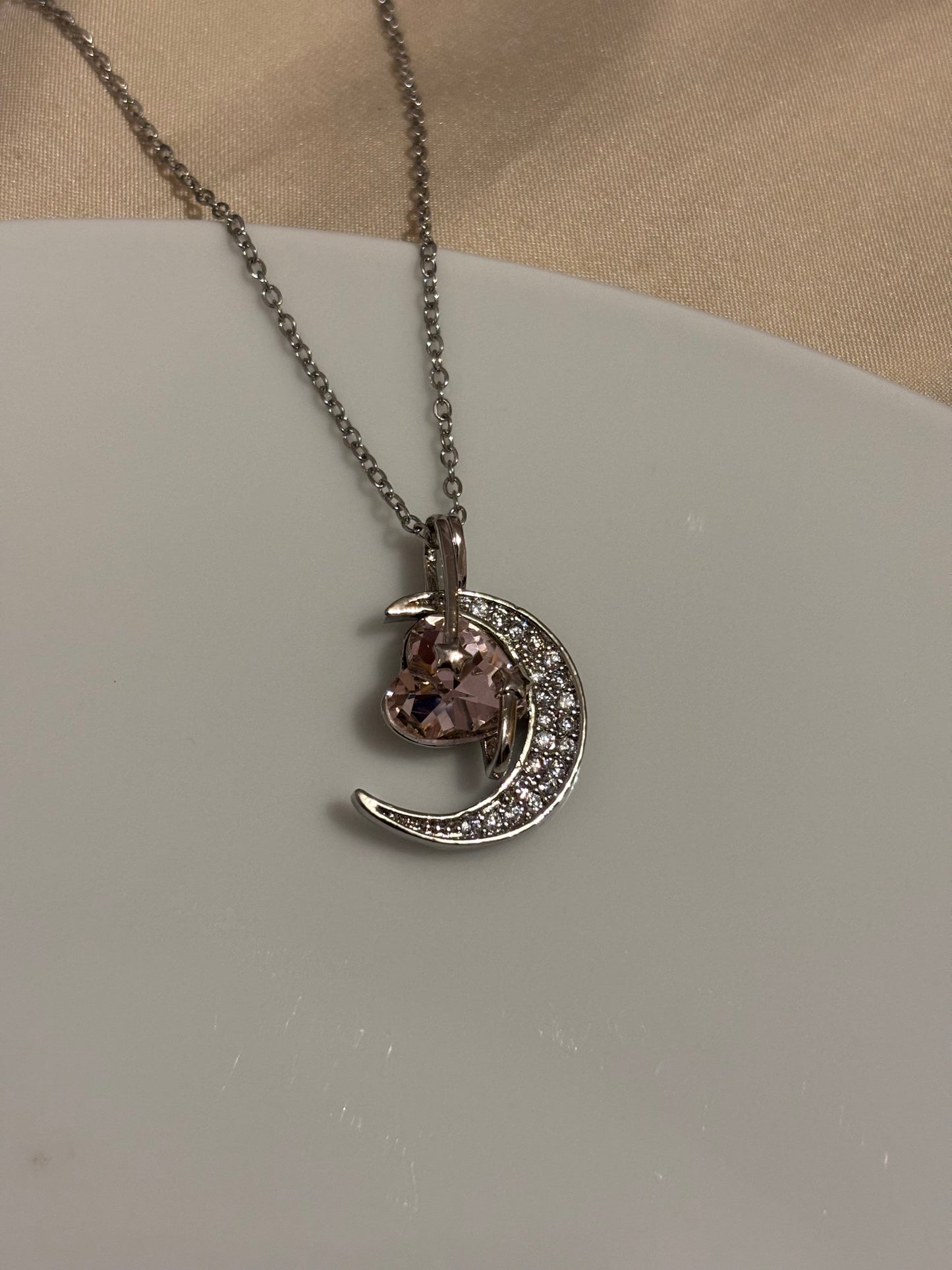 Crescent pink heart necklace